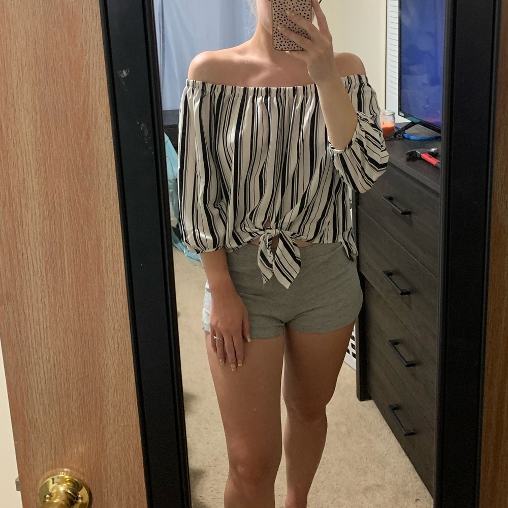 White and Black Striped Off the Shoulder Top